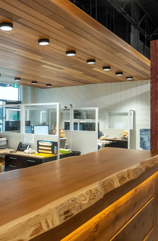 wood bar with lighting in showroom